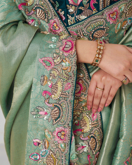 Sage Green Embroidered Zari Saree For Traditional Wear For Engagement Wedding Functions