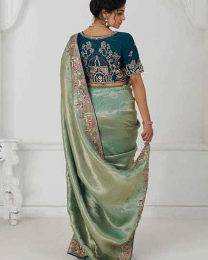 Sage Green Embroidered Zari Saree For Traditional Wear For Engagement Wedding Functions