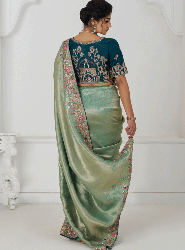 Sage Green Embroidered Zari Saree For Traditional Wear For Engagement Wedding Functions