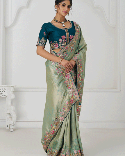 Sage Green Embroidered Zari Saree For Traditional Wear For Engagement Wedding Functions