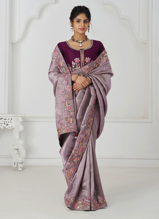 Mauve Embroidered Sequin Dola Silk Saree For Engagement Wedding Functions