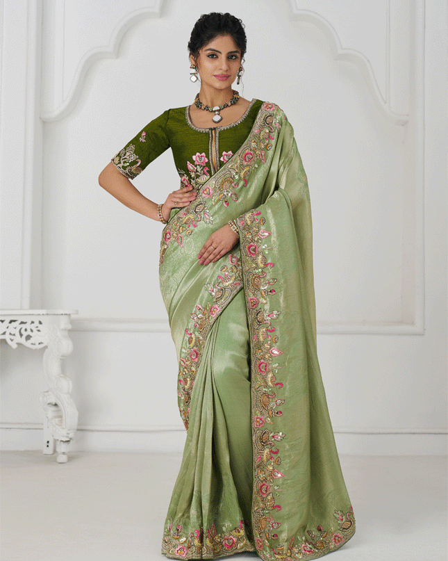 Mehendi Embroidered Sequin Dola Silk Saree For Engagement Wedding Functions