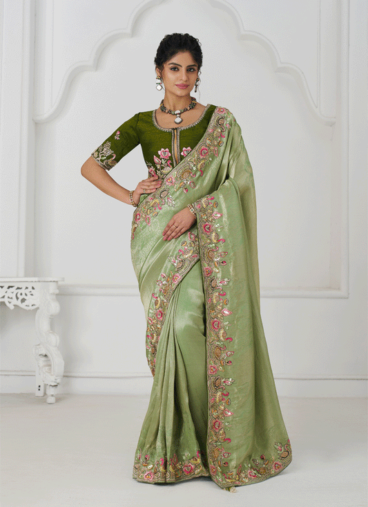 Mehendi Embroidered Sequin Dola Silk Saree For Engagement Wedding Functions
