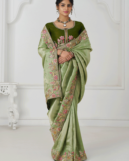 Mehendi Embroidered Sequin Dola Silk Saree For Engagement Wedding Functions