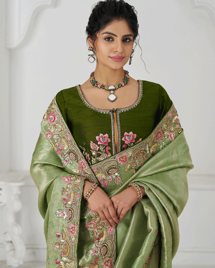 Mehendi Embroidered Sequin Dola Silk Saree For Engagement Wedding Functions