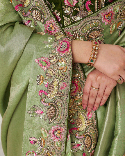 Mehendi Embroidered Sequin Dola Silk Saree For Engagement Wedding Functions