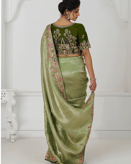 Mehendi Embroidered Sequin Dola Silk Saree For Engagement Wedding Functions