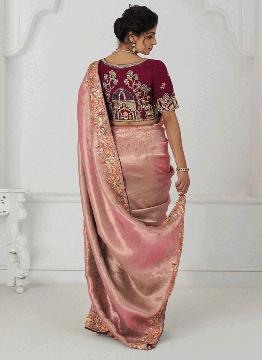 Pink Embroidered Sequin Dola Silk Saree
