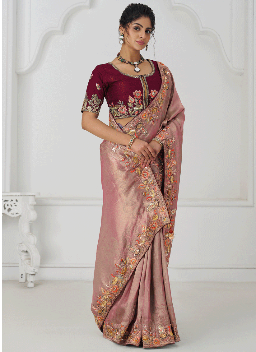 Pink Embroidered Sequin Dola Silk Saree
