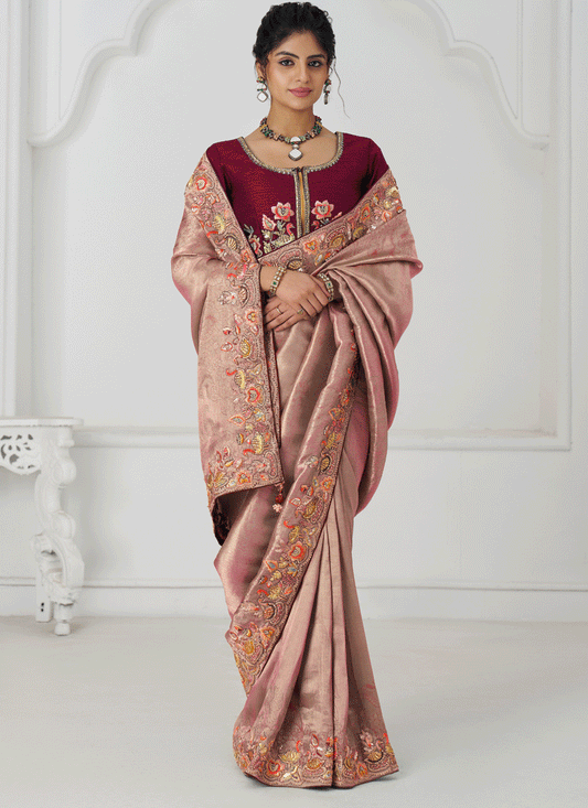 Pink Embroidered Sequin Dola Silk Saree