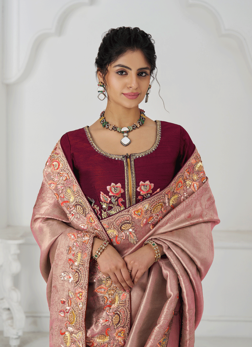 Pink Embroidered Sequin Dola Silk Saree