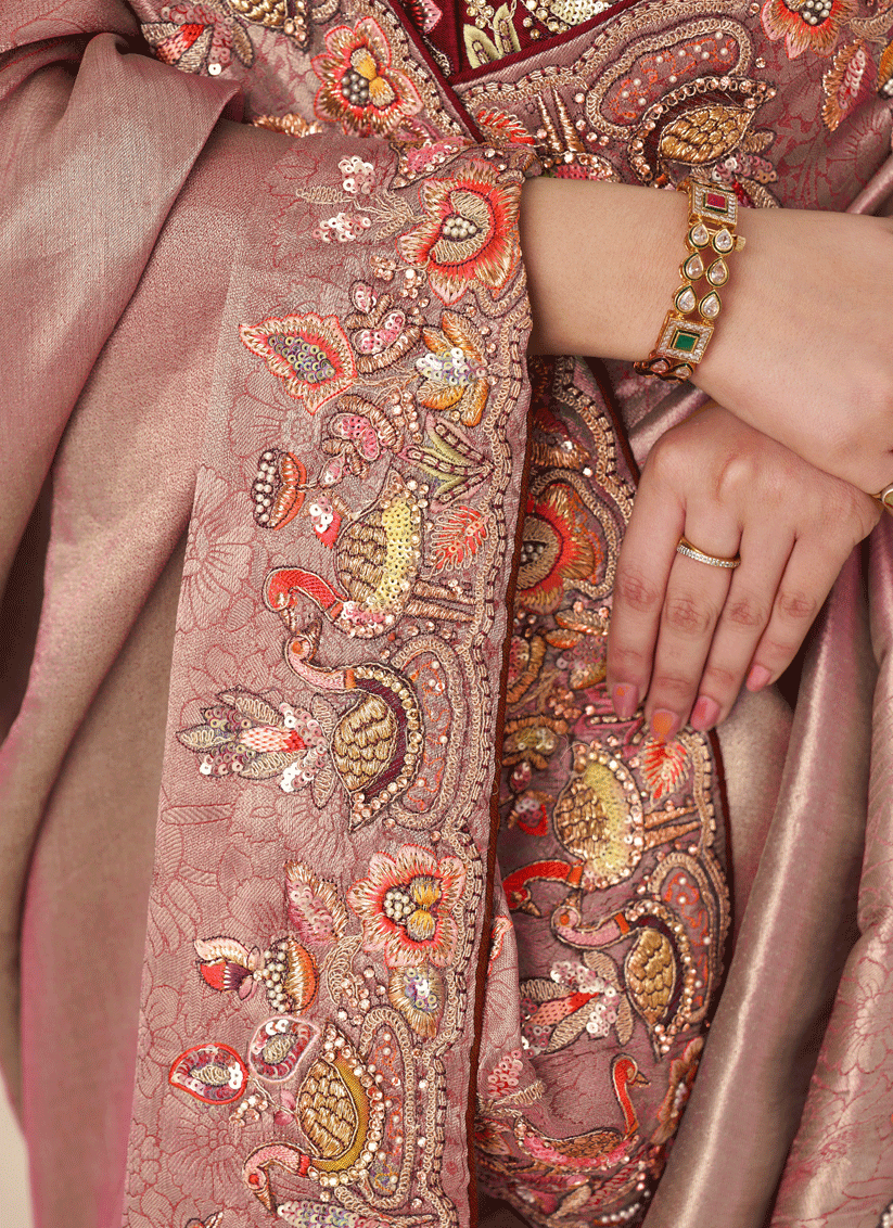 Pink Embroidered Sequin Dola Silk Saree