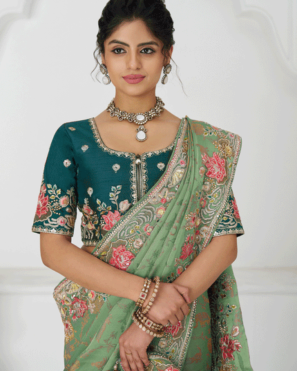 Light Green Embroidered Pure Viscose Silk Jacquard Saree