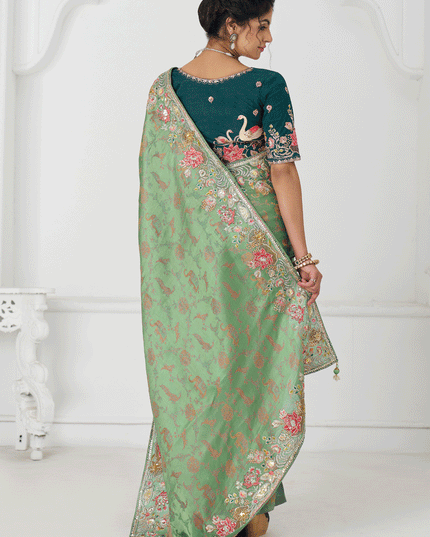 Light Green Embroidered Pure Viscose Silk Jacquard Saree