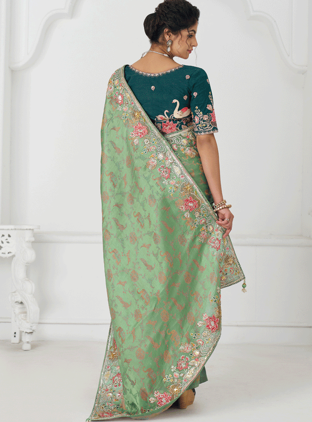 Light Green Embroidered Pure Viscose Silk Jacquard Saree