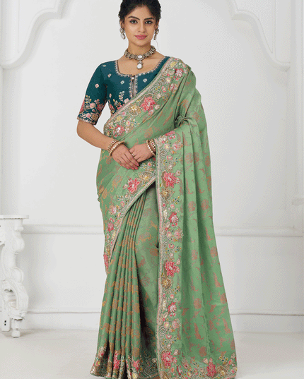 Light Green Embroidered Pure Viscose Silk Jacquard Saree