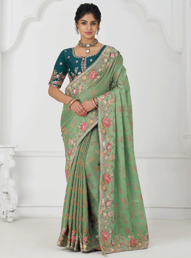 Light Green Embroidered Pure Viscose Silk Jacquard Saree