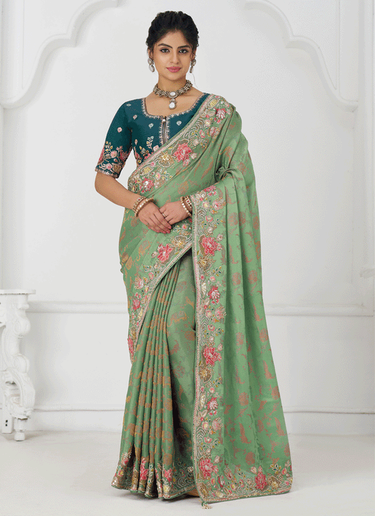 Light Green Embroidered Pure Viscose Silk Jacquard Saree