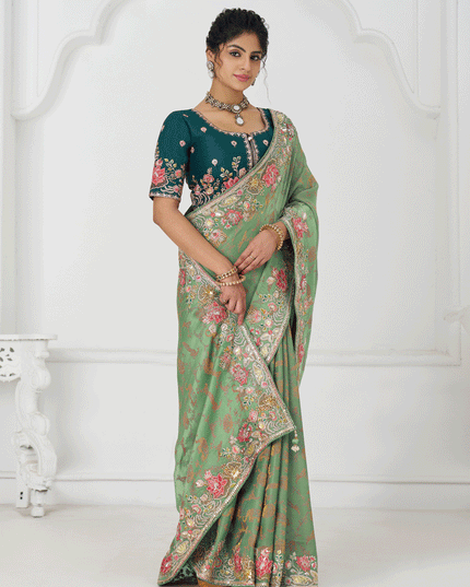 Light Green Embroidered Pure Viscose Silk Jacquard Saree