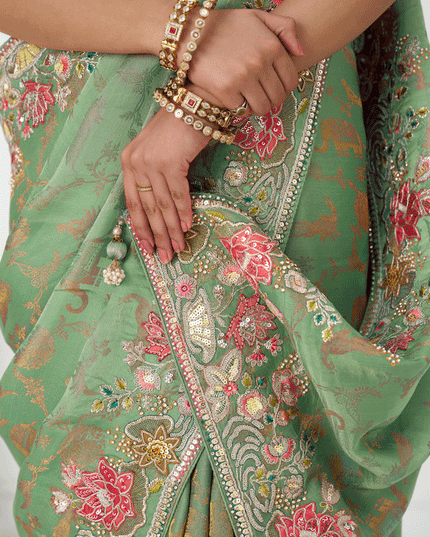 Light Green Embroidered Pure Viscose Silk Jacquard Saree
