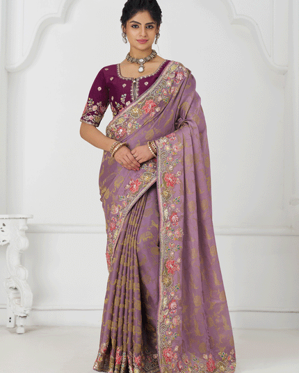 Glamorous Mauve Embroidered Pure Viscose Silk Jacquard Saree