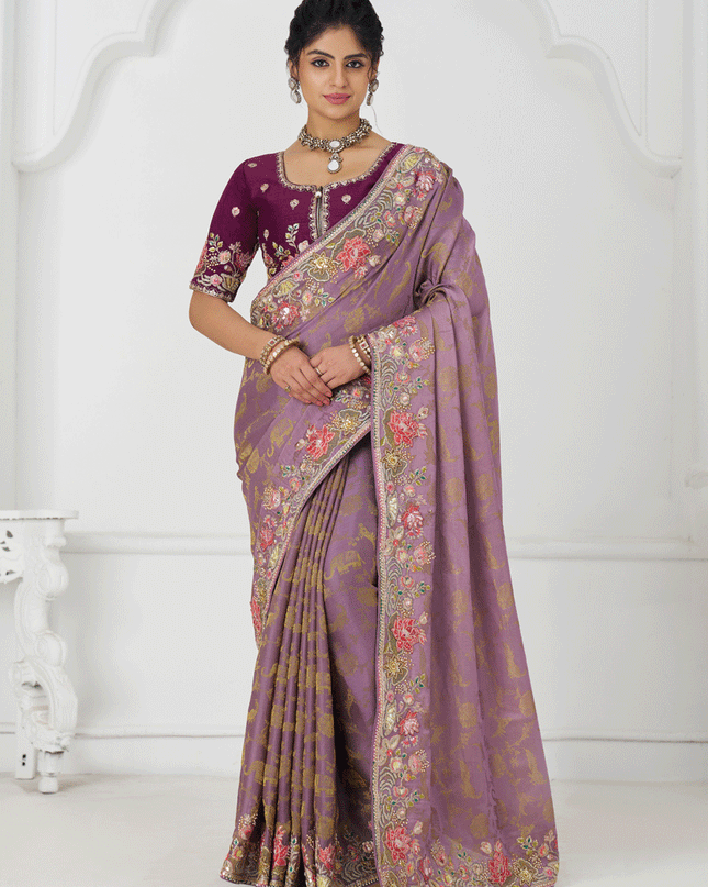Glamorous Mauve Embroidered Pure Viscose Silk Jacquard Saree