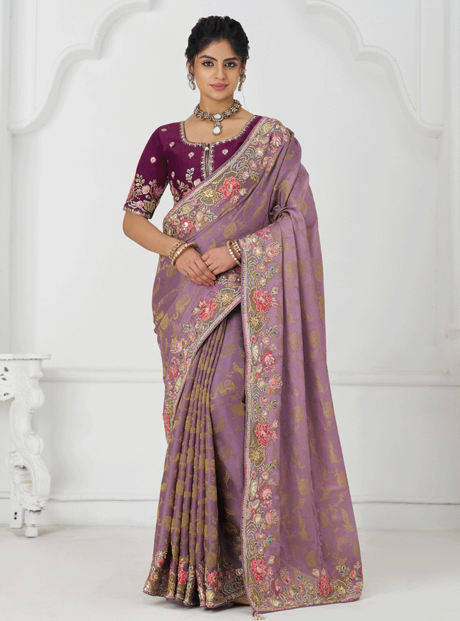 Glamorous Mauve Embroidered Pure Viscose Silk Jacquard Saree