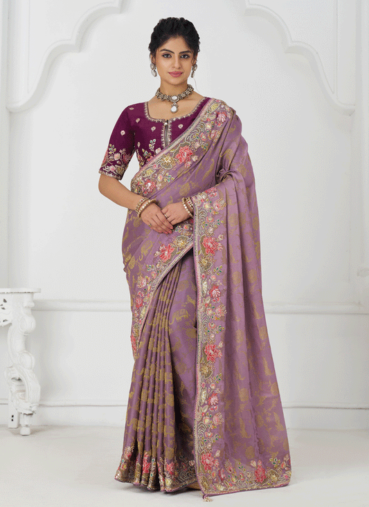Glamorous Mauve Embroidered Pure Viscose Silk Jacquard Saree
