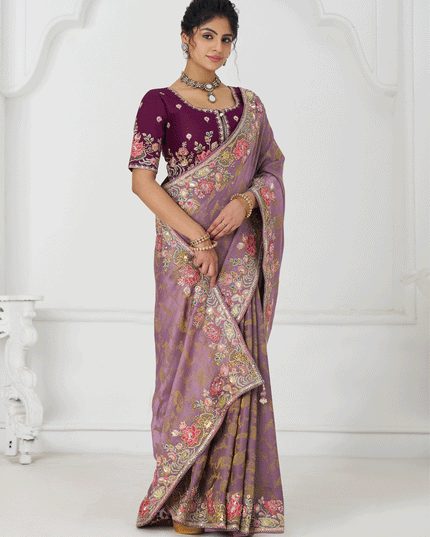Glamorous Mauve Embroidered Pure Viscose Silk Jacquard Saree