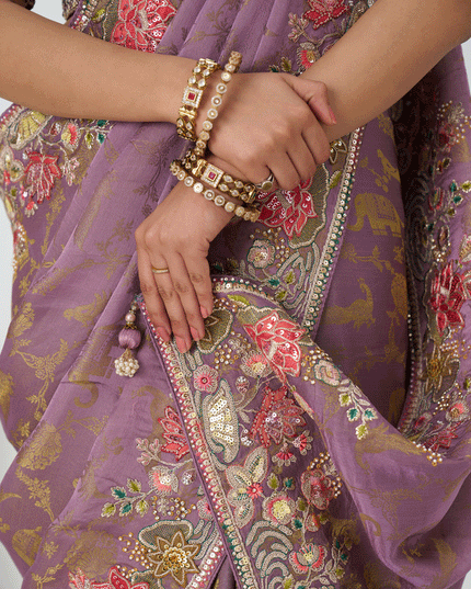 Glamorous Mauve Embroidered Pure Viscose Silk Jacquard Saree