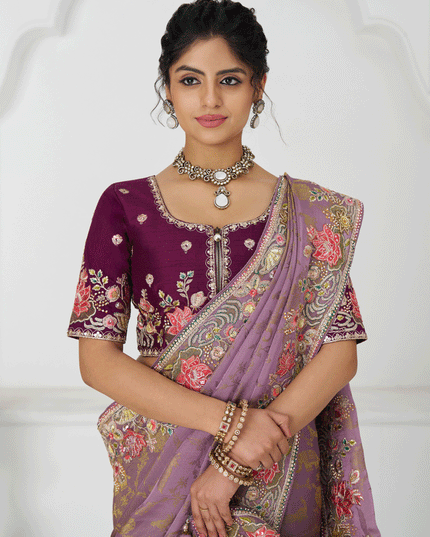Glamorous Mauve Embroidered Pure Viscose Silk Jacquard Saree