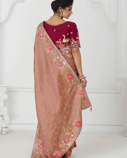 Peach Embroidered Pure Viscose Silk Jacquard Saree