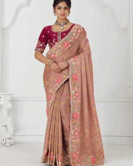 Peach Embroidered Pure Viscose Silk Jacquard Saree