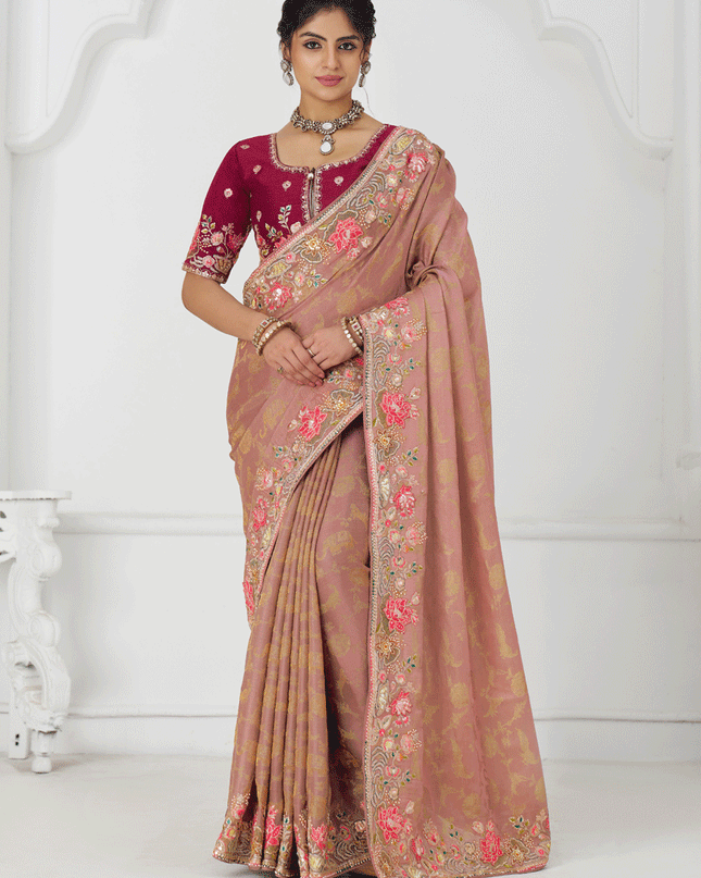 Peach Embroidered Pure Viscose Silk Jacquard Saree