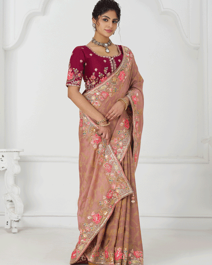 Peach Embroidered Pure Viscose Silk Jacquard Saree