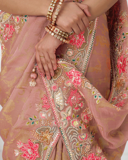 Peach Embroidered Pure Viscose Silk Jacquard Saree