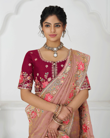 Peach Embroidered Pure Viscose Silk Jacquard Saree