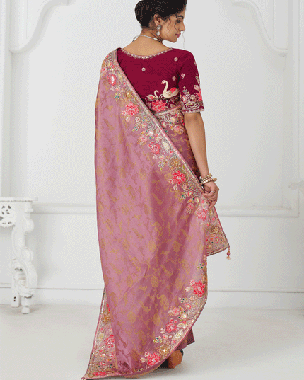 Pink Embroidered Pure Viscose Silk Jacquard Saree
