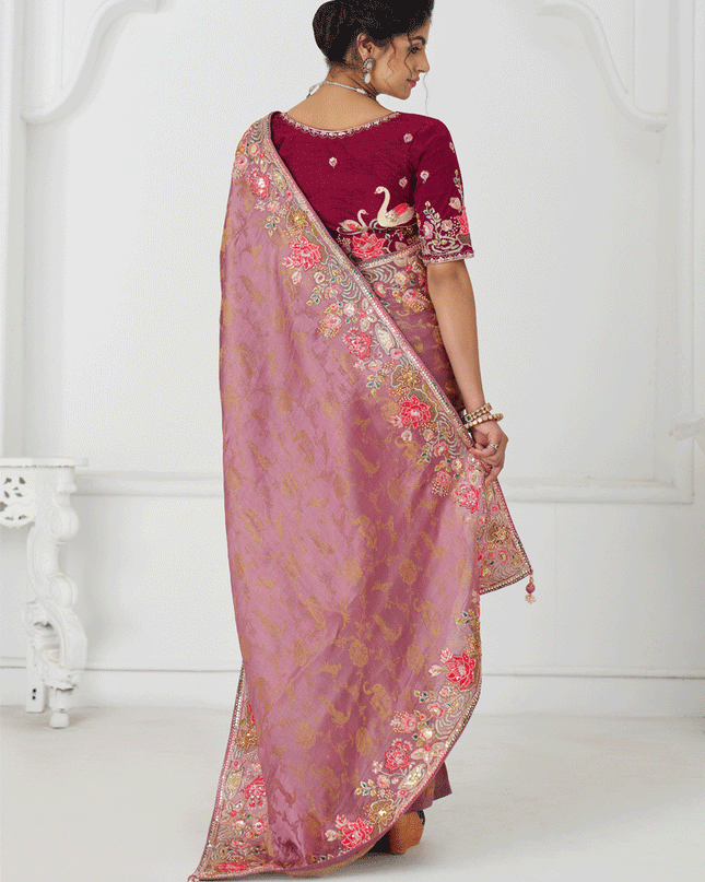 Pink Embroidered Pure Viscose Silk Jacquard Saree