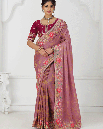 Pink Embroidered Pure Viscose Silk Jacquard Saree