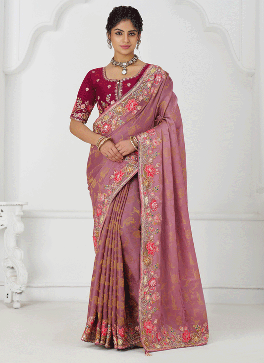 Pink Embroidered Pure Viscose Silk Jacquard Saree