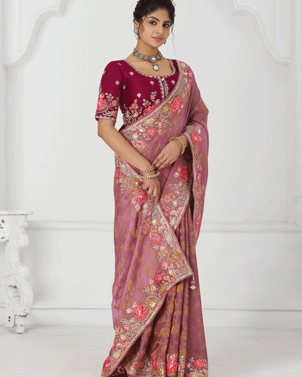 Pink Embroidered Pure Viscose Silk Jacquard Saree