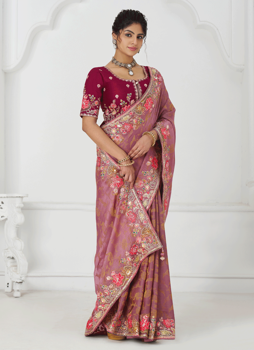 Pink Embroidered Pure Viscose Silk Jacquard Saree