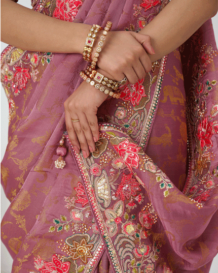 Pink Embroidered Pure Viscose Silk Jacquard Saree