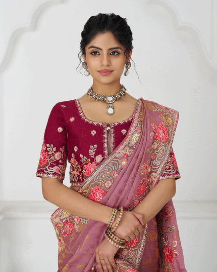 Pink Embroidered Pure Viscose Silk Jacquard Saree