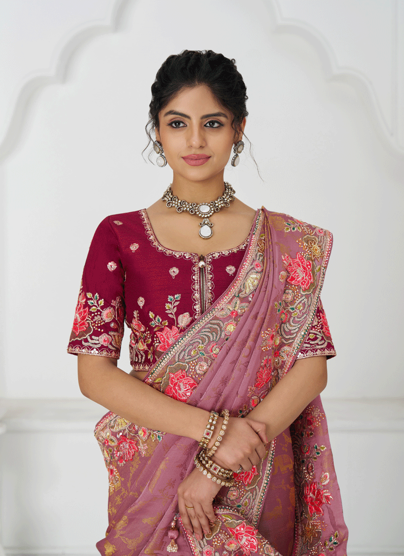 Pink Embroidered Pure Viscose Silk Jacquard Saree