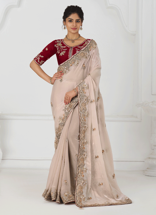 Light Beige Heavy Embroidered Floral Wedding Saree