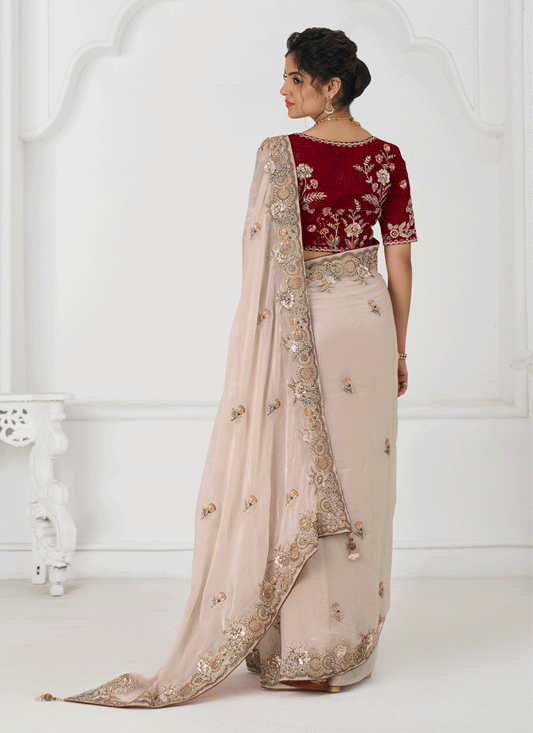 Light Beige Heavy Embroidered Floral Wedding Saree