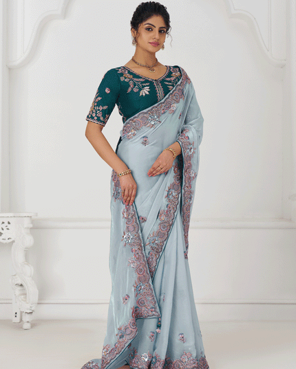 Sky Blue Fendi Silk Heavy Embroidered Floral Wedding Saree