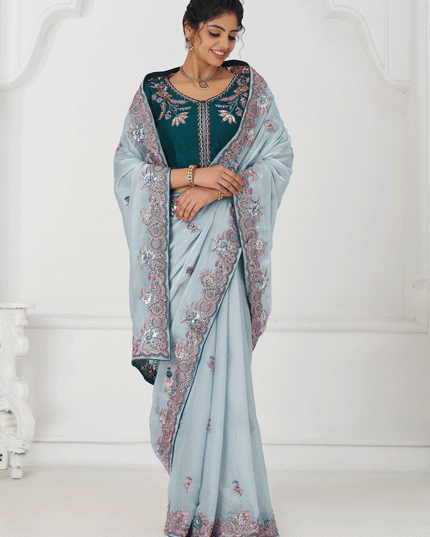 Sky Blue Fendi Silk Heavy Embroidered Floral Wedding Saree